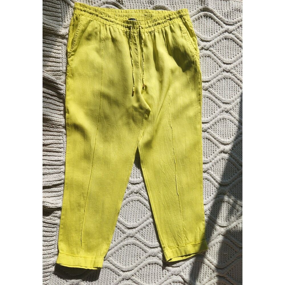 Ellen Tracy 100% Linen Drawstring Pants Neon Chartreuse Yellow XL - Picture 6 of 6